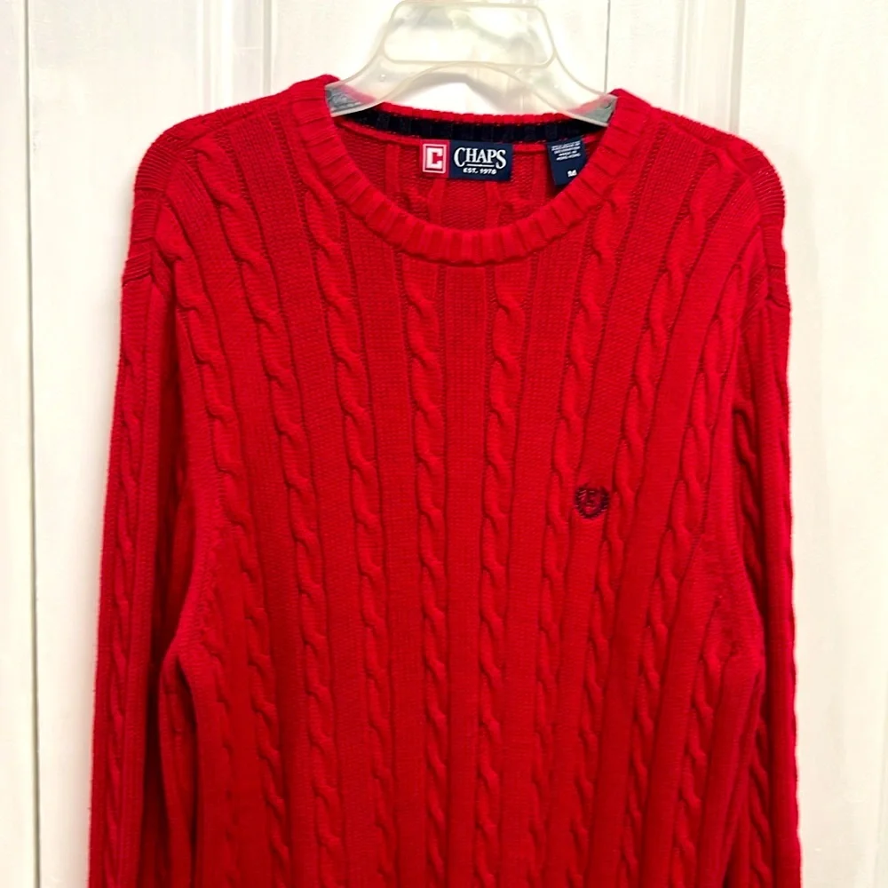 Chaps Red Logo Cable Knit Cotton Pull Over Sweater Size M